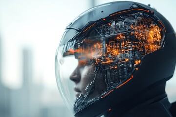 Poster - A high-tech helmet featuring intricate internal circuits and glowing lights, representing advanced protective gear, innovation, and the fusion of technology and safety.