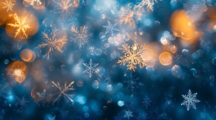 Poster - Snowflakes falling on a blue and gold bokeh background: winter wonderland scene