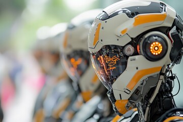 Poster - A row of robots equipped with intricate futuristic helmets and glowing lights is captured, illustrating advanced technology and robotic progression in design.