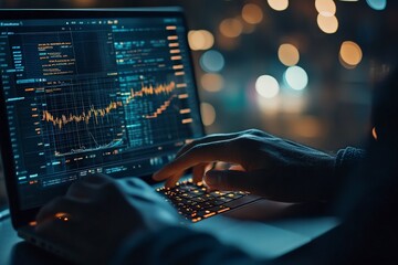 Poster - A person examines complex financial graphs and data analytics on a laptop late at night, symbolizing the depth of financial analysis and focus.