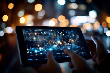 Poster - Hands operate a digital tablet displaying complex graphics, representing the merge of technology and data in a vibrant, modern setting captured at night.