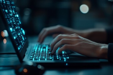 Poster - hands actively type on a backlit keyboard in a dark setting, focusing on the intersection of digital