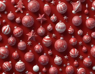 Wall Mural - seamless pattern with christmas decorations on red background. christmas abstract background.