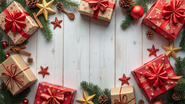 Festive Christmas Flat Lay with Gifts, Decorations, and Cozy Elements on a Wooden Background