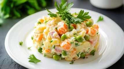 Wall Mural - Delicious Russian olive salad with diced carrots, potatoes, peas, and ham on a white plate presented for a fresh dining experience