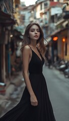 A woman in a black dress standing on the street