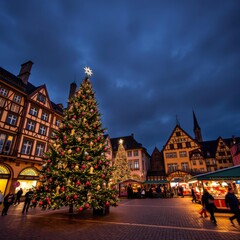 Wall Mural - christmas tree and xmas market at kleber square at night in medieval city of strasbourg - capital of