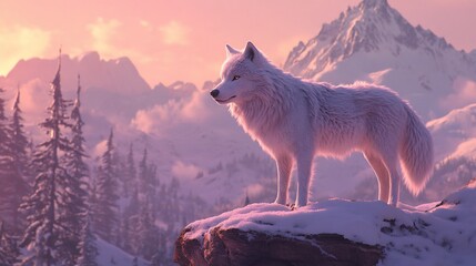 Wall Mural - majestic arctic wolf standing on snowy mountain peak at sunset.