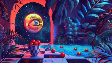 Poster - moon looking with human eye at pool and leaves background image. eerie night scene with abstract det
