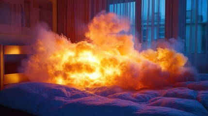 Poster - Fiery explosion erupting from a bed in a dimly lit bedroom, with smoke billowing out the window
