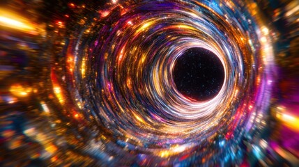 Poster - Swirling vortex of vibrant colors and light, resembling a cosmic tunnel or wormhole, with a dark, star-studded void at its center