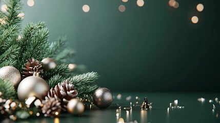 Poster - Christmas ornaments and fir tree branches decorating a green background with bokeh effect