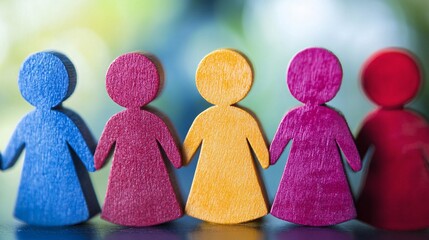 Poster - Colorful wooden figures holding hands symbolizing unity and teamwork