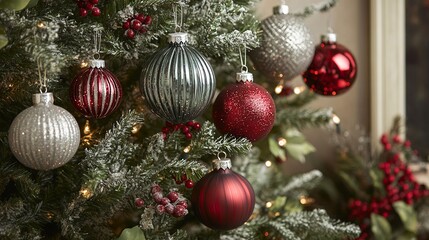 Canvas Print - Holiday Decorations Adorn a Beautifully Styled Christmas Tree With Shiny Ornaments and Festive Greenery in a Cozy Indoor Setting