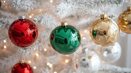 Canvas Print - Colorful Ornaments Hanging on a Decorated Christmas Tree With Bright Lights in a Cozy Living Room Setting