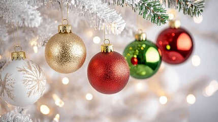 Canvas Print - Colorful Christmas Ornaments Hang on a Snow-Covered Tree Branch Adorned With Christmas Lights During the Festive Holiday Season