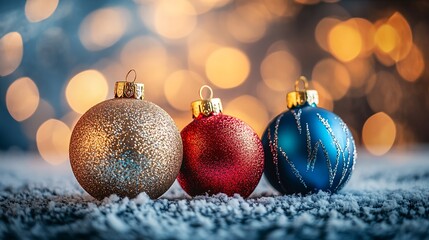 Canvas Print - Colorful Christmas Ornaments Sparkle on a Soft Surface Against a Blurred Background of Warm Lights During the Holiday Season