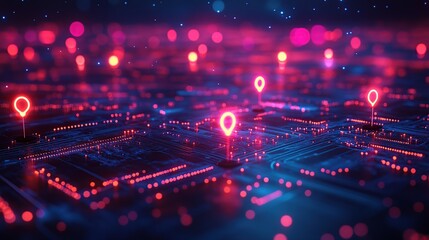 Poster - Neon Glowing Location Markers on a Futuristic Circuit Board