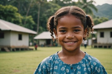 Close portrait of a smiling Fijian female kid looking at the camera, Fijian outdoors blurred background