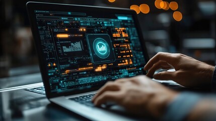Poster - Cybersecurity Analyst Working Late, Analyzing Data on Laptop Screen