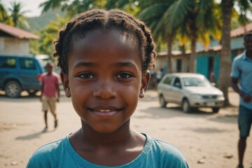 Close portrait of a smiling Haitian female kid looking at the camera, Haitian outdoors blurred background