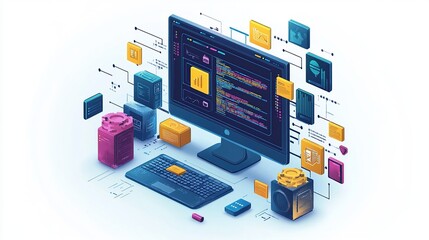 Poster - Modern Tech:  Isometric illustration of computer system, digital data, and programming code.
