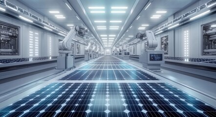 Poster - Automated photovoltaic panel production line with robotic arms in factory