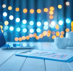 Poster - A modern workspace featuring a report with colorful graphs, a laptop, and coffee cups, set against a backdrop of soft, illuminated bokeh lights.
