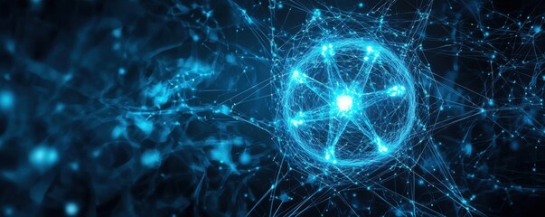 Poster - Abstract blue digital network with glowing atomic structure background
