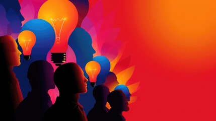 Poster - A vibrant illustration depicting silhouettes of people with light bulbs, symbolizing ideas, creativity, and innovation against a colorful background.