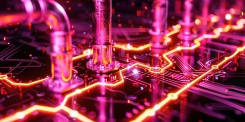 Poster - A vibrant close-up of a circuit board with glowing lines and metallic pipes, showcasing a futuristic technology aesthetic.
