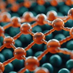 Poster - A detailed close-up of a molecular structure, showcasing interconnected spheres in vibrant orange and blue, symbolizing atomic bonds and material science.
