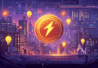 Poster - Futuristic cityscape with glowing energy coin illustration