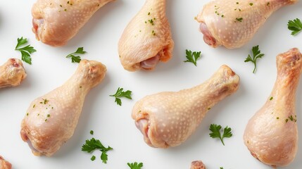 Canvas Print - Fresh raw chicken legs arranged neatly on a white background with parsley leaves for a vibrant culinary display