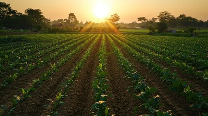 Poster - Cornfield at Sunset with Golden Light Rays