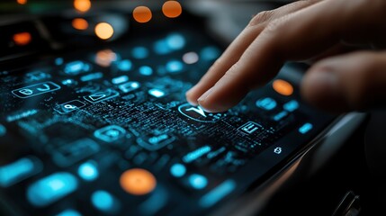 Poster - Digital Interface Interaction: A Close-Up of a Finger Interacting with a Futuristic Tablet's Interface