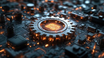 Poster - Technological Gear: A Futuristic Circuit Board with Glowing Cog