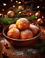 Wall Mural - A plate of golden-brown donuts dusted with powdered sugar, surrounded by festive Christmas decorations