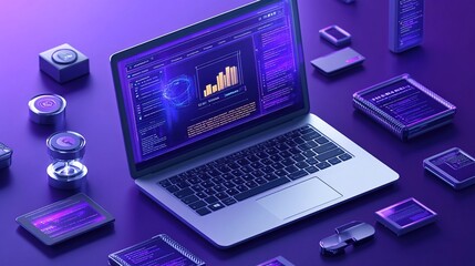 Poster - Digital Technology and Data Analysis: A Futuristic Laptop and Gadgets Displaying Advanced Data