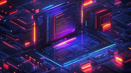Poster - Neon Circuitry: A Digital Landscape of Code and Light