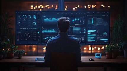 Poster - A man sits in front of two large monitors displaying data and graphs. He is working late at night