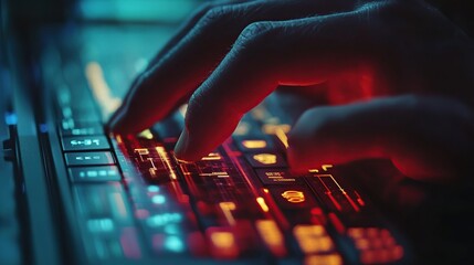 Poster - Cyberpunk Neon Keyboard: Hands Typing in Digital Darkness