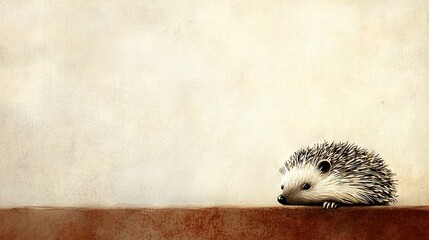 Wall Mural -   A hedgehog perched atop a wooden desk beside a wall featuring a pristine white background