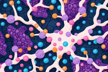 Poster - A colorful abstract representation of interconnected cells and structures, featuring purple, pink, and blue elements against a dark background.