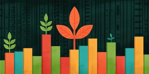 Poster - A vibrant illustration featuring colorful bar graphs and green leaves, symbolizing growth, sustainability, and environmental awareness.
