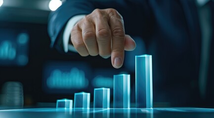 Poster - A hand points at rising bar graphs on a digital screen, symbolizing growth and progress in business or finance.