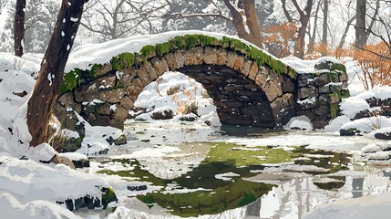 Wall Mural -   A painting depicts a snow-covered bridge spanning a tiny brook amidst a woodland landscape, with trees enveloping the scene