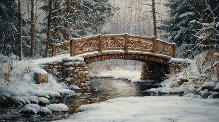 Wall Mural -   A snowy forest stream bridge painting with trees in the background and snow on the ground