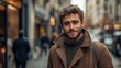 ©  Dreamy Shots - Young man in winter coat outdoors, snow falling on city street, stylish look, cold weather, fashionable, confident expression, urban winter scene