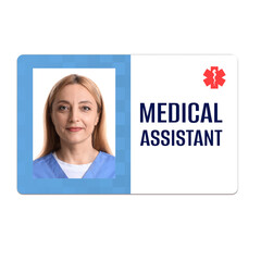 Wall Mural - Medical assistant badge with photo of woman on white background